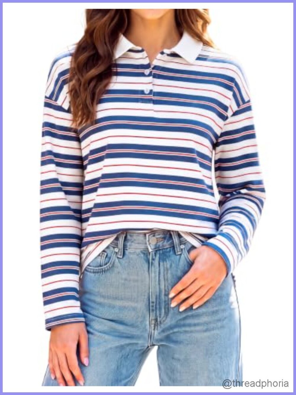 Women's Striped Rugby Polo Shirt Long Sleeve Y2K Cotton Preppy Oversized